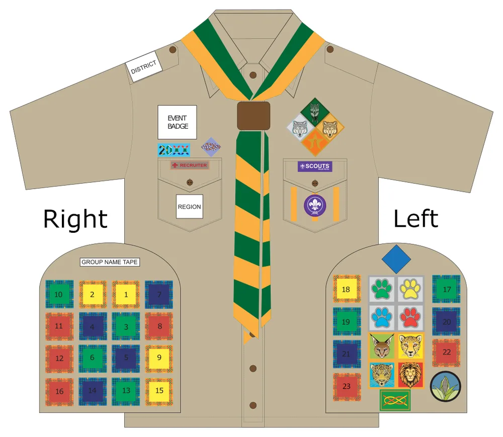 Cub shirt badge chart: district badge on the right shoulder; event badge, annual badge and recruiter badge above the right pocket, region badge on it; the advancement badges (Leaping, Silver and Gold Wolf, Meerkat Gold Star) above the left pocket, the SCOUTS South Africa badge above it and the World Scout badge on it; group name tape and interest badges on the right sleeve; six badge, challenge paws and animal badges and more interest badges on the left sleeve.