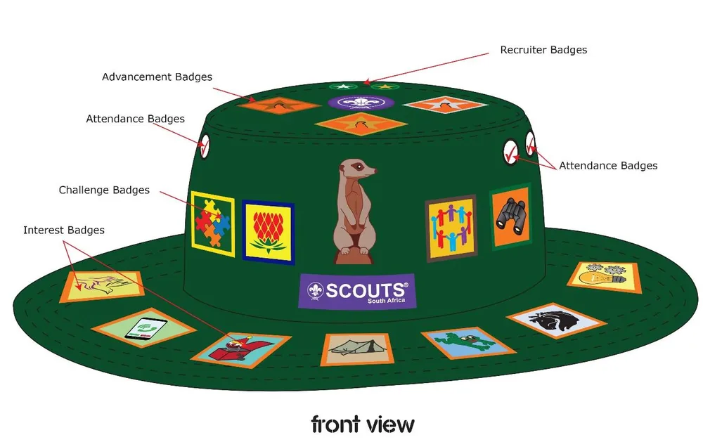 Meerkat hat, front: advancement badges on top around the World Scout badge, recruiter badges at the front of the top, attendance badges on the sides, challenge badges around the crown either side of the meerkat, the SCOUTS South Africa badge under the meerkat, and interest badges around the brim.