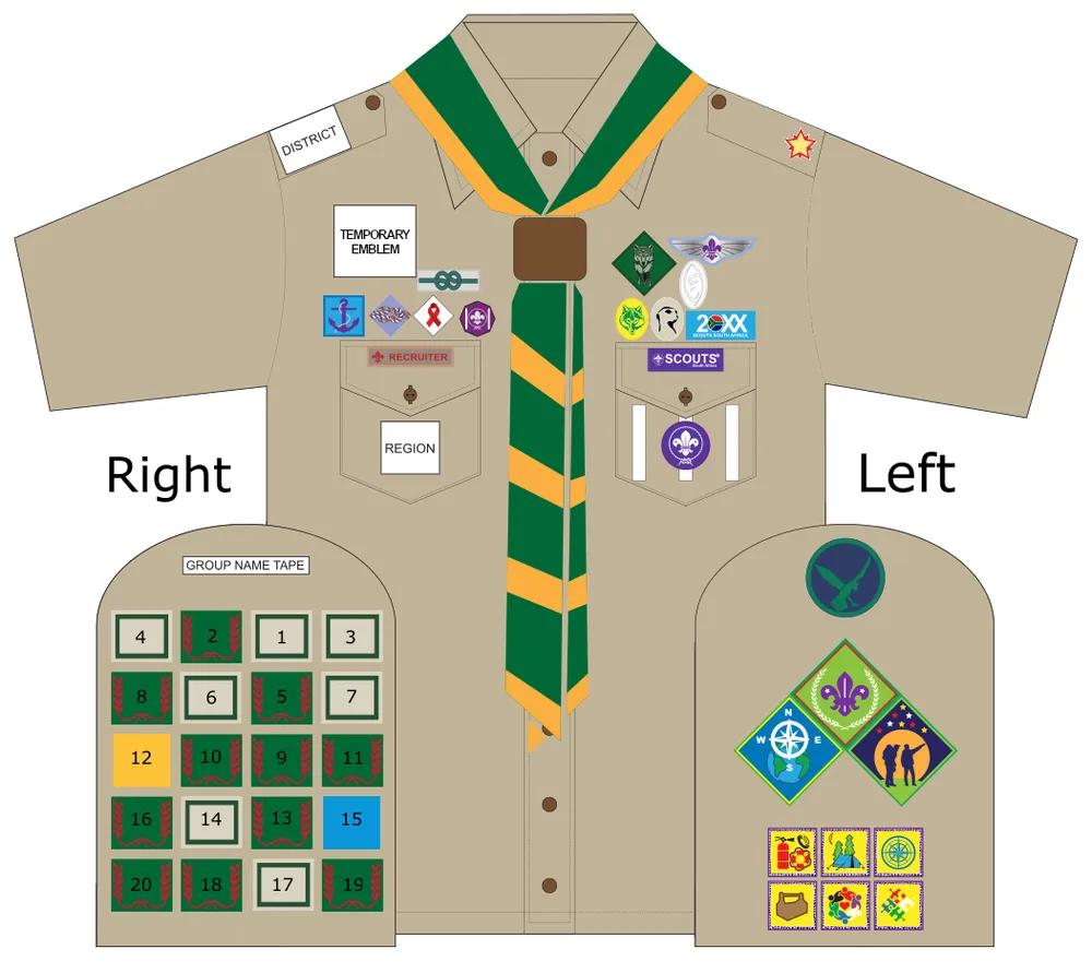 Scout shirt badge chart: district badge on the right shoulder; temporary emblem and training badges above the right pocket, region badge on it; Leaping Wolf, Scout wings, instructor and annual badges above the left pocket, the SCOUTS South Africa badge above it and the World Scout badge on it with patrol leader stripes; group name tape and Scoutcraft and interest badges on the right sleeve; patrol badge, advancement badges and challenge badges on the left sleeve.